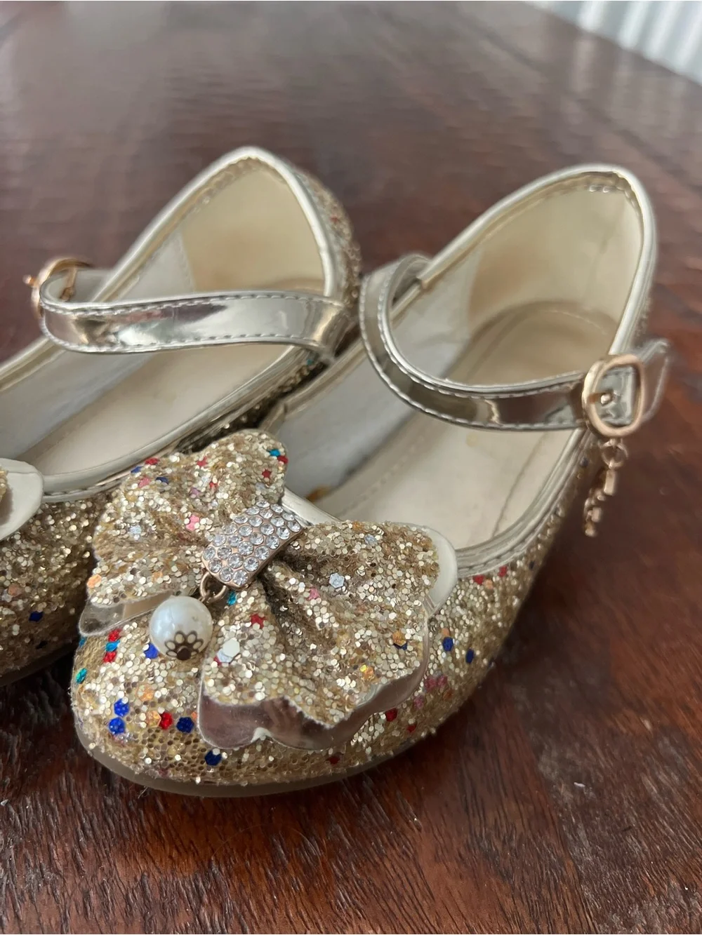 Kids Glitter Bow Mary Jane Shoes in Gold Size 13